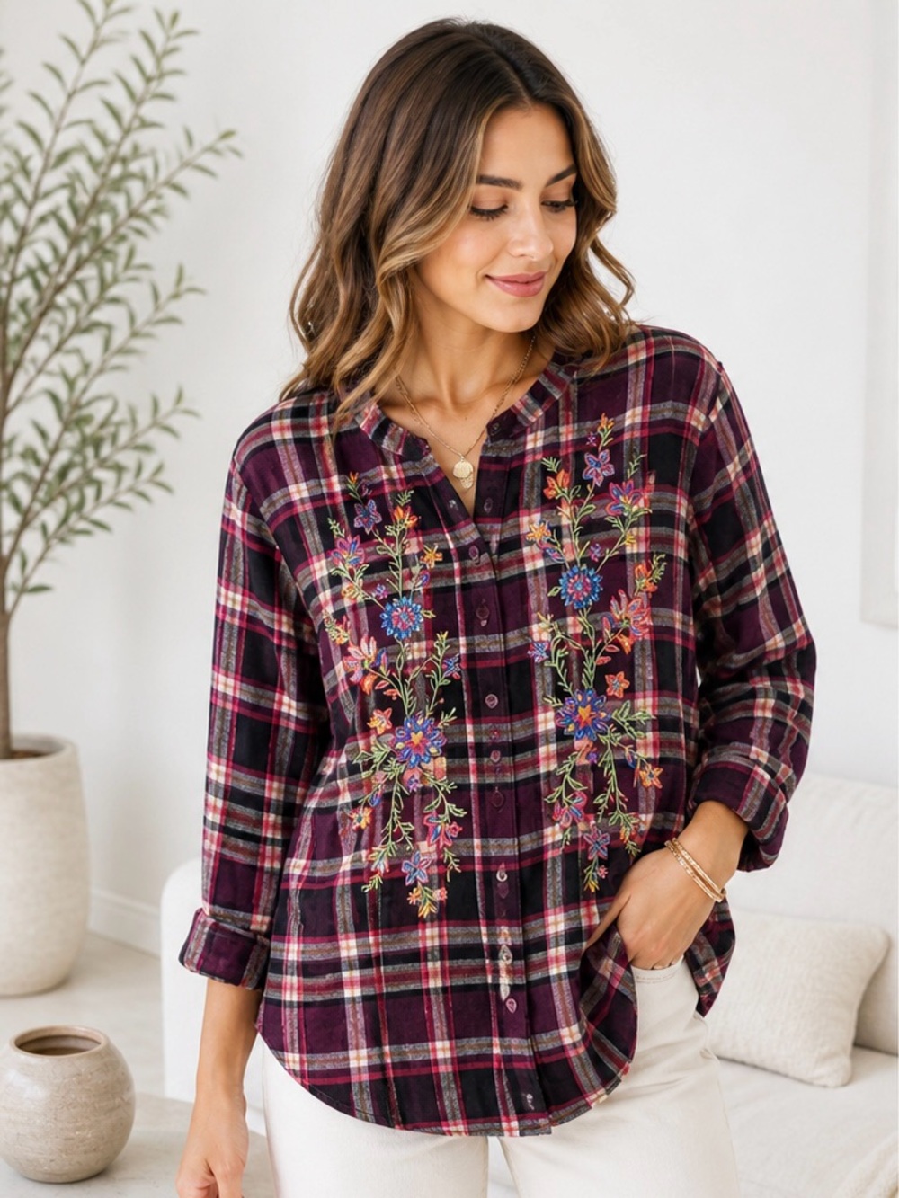 The Pioneer Woman Burgundy Plaid Floral‎ Embroidered Blouse Women L